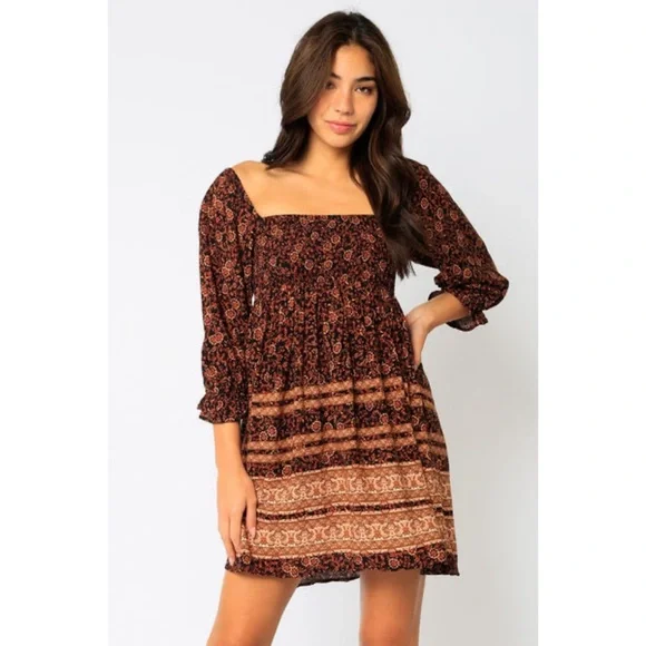 NEW! BLACK RUST SQUARE NECK PUFF SLEEVES PRINTED SMOCKED FULLY LINED DRESS! - Picture 2 of 6